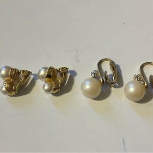 Vintage Pearl Clip-On Earrings Lot Brass White Gold 4 Pieces